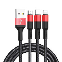 Кабель USB Hoco X26 3в1 Type-C+Micro+Lightning black&red