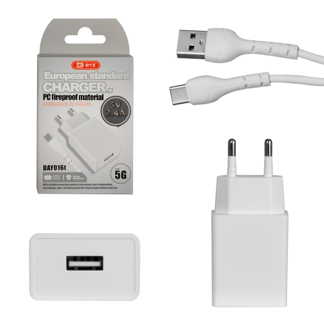Сетевое зарядное устройство BYZ DAY016t, 5V-2.4A, с кабелем Type-C, White