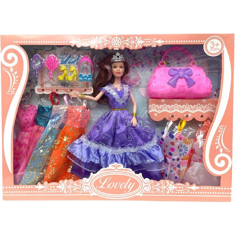 Немного помятая!1035 Lovely Кукла с короной и пышным платьям (8 платьев,сумочка, подвижные конечности) 45*12см