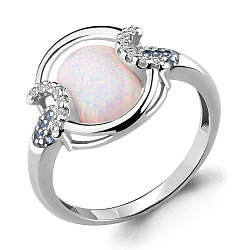 Серебряное кольцо  Опал белый  Фианит  Нанотопаз Aquamarine 6599198Б.5 покрыто  родием коллекц. Флёр