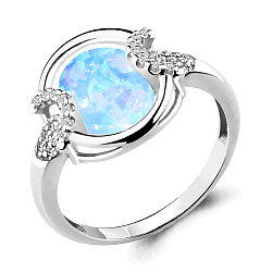 Серебряное кольцо  Опал блед-голуб  Наносапфир  Фианит Aquamarine 6599197А.5 покрыто  родием коллекц. Флёр