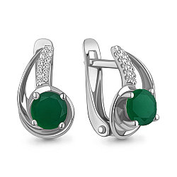 Серьги серебряные классические  Агат зеленый  Фианит Aquamarine 4298509А.5 покрыто  родием