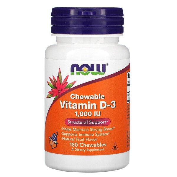 NOW Foods, жевательный витамин D3, натуральный фруктовый вкус, 1000 МЕ, 180 жевательных таблеток