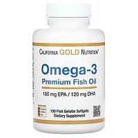 Омега-3, рыбий жир премиального качества, 180 мг ЭПК / 120 мг ДГК, 100 капсул из рыбьего желатина