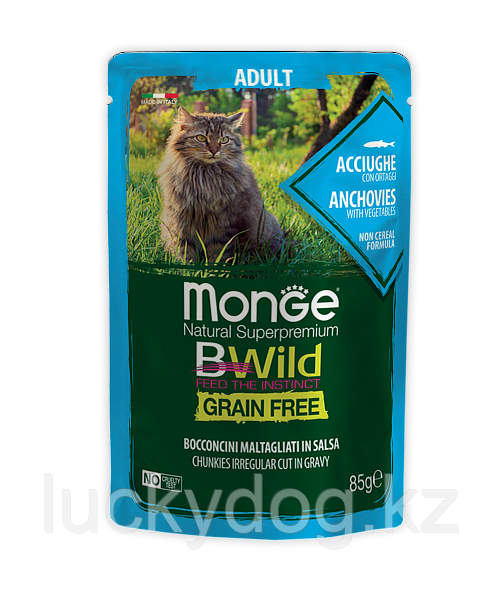 Monge BWild GF Cat 85г (Анчоус) Влажный беззерновой корм для взрослых кошек Bocconcini Acciughe