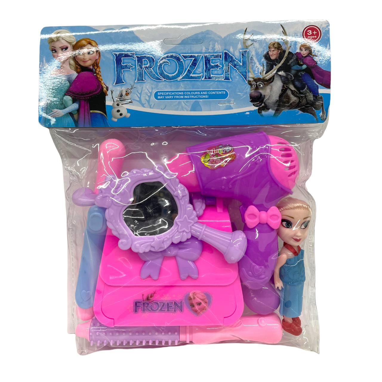 911 Frozen фен набор с сумочкой+ кукла в пакете, 8 предметов, 25*22см