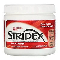 Stridex, Одноэтапное средство от прыщей и угрей, максимум, без спирта, 55 мягких подушечек