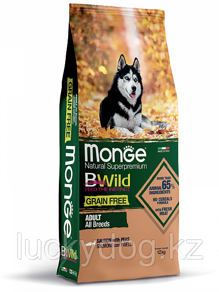 Monge GRAIN FREE 12кг с Лососем и горохом. Беззерновой корм для взрослых собак всех пород