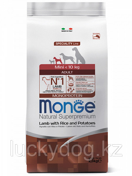 Monge Mini Adult Lamb 2,5кг с ягненком, рисом и картофелем для взрослых собак мелких пород Сухой корм