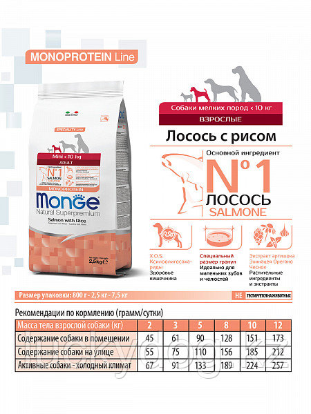 Monge Mini Adult SALMONE 2,5кг с лососем и рисом Сухой корм для взрослых собак мелких пород - фото 4 - id-p46593885