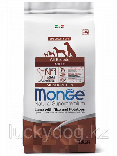 Monge ALL BREEDS ADULT Lamb 2,5кг с Ягненком Сухой Корм для взрослых собак всех пород - фото 1 - id-p46813349