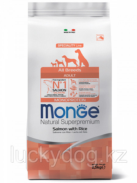 Monge ALL BREEDS ADULT Salmone 2.5 кг с лососем и рисом Сухой Корм для взрослых собак всех пород