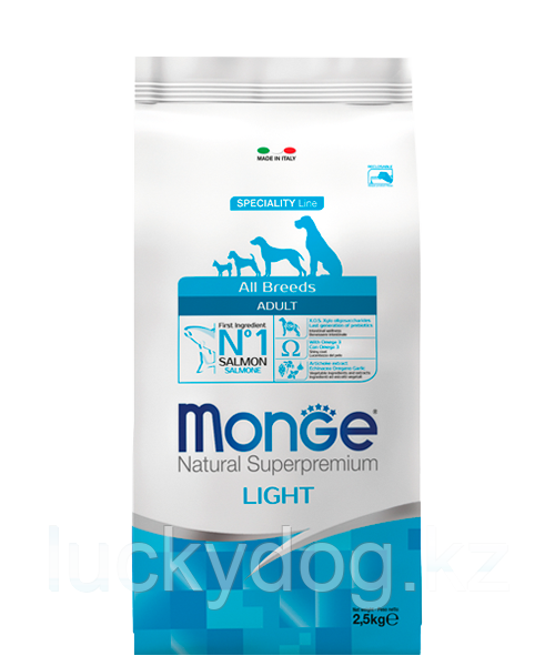 Monge ALL BREEDS Light 2,5кг Низкокалорийный корм с лососем и рисом для взрослых собак всех пород