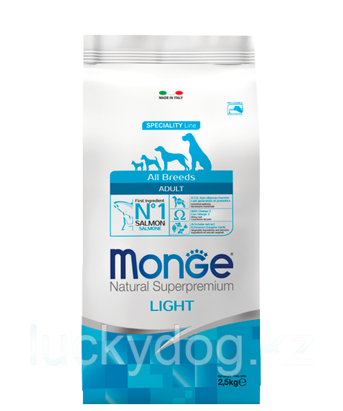 Monge ALL BREEDS Light 2,5кг Низкокалорийный корм с лососем и рисом для взрослых собак всех пород - фото 1 - id-p48651138