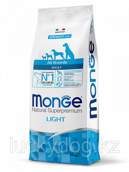 Monge ALL BREEDS Light 12кг Низкокалорийный корм с лососем и рисом для взрослых собак всех пород