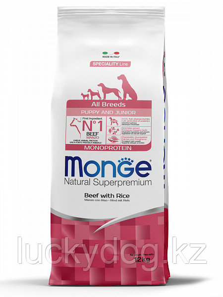 Monge 12кг Puppy Junior говядина, рис. Сухой корм для щенков всех пород Dog All breeds Monoprotein Beef Rice