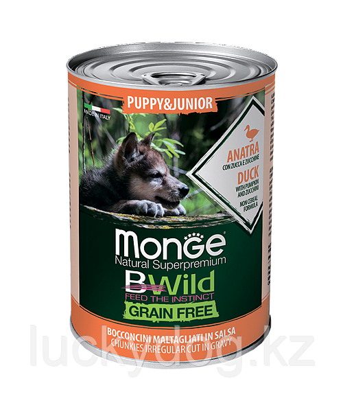 Monge Bwild Puppy (Утка) 400г беззерновой влажный корм для щенков Grain Free Formula Cane Puppy & Junior Duck - фото 1 - id-p86626678