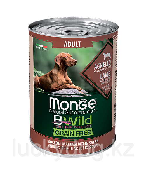 Monge Bwild (Ягненок) 400г беззерновой влажный корм для собак Grain Free Formula Cane All Breeds Adult Agnell - фото 1 - id-p86626713