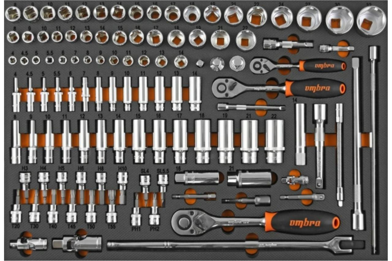 Набор головок торцевых 1/4", 3/8", 1/2" с аксессуарами в EVA ложементе 560x375 мм, 111 пр. OMT111STE