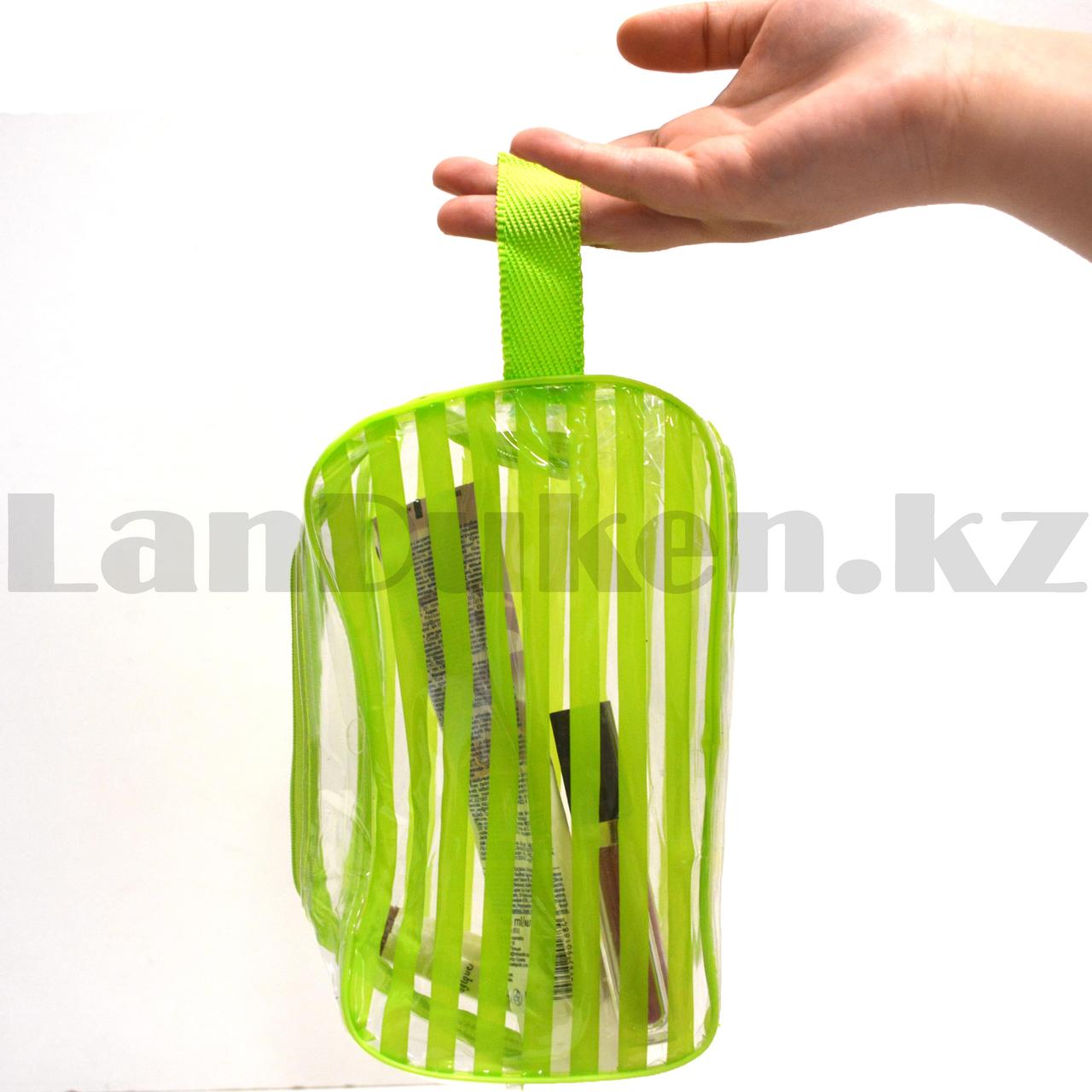 Косметичка сумка банная на молнии с боковым ремешком в полоску зеленая