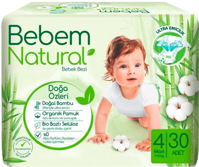 Детские подгузники BEBEM Размер №4 (вес 7-14 кг), 30шт.