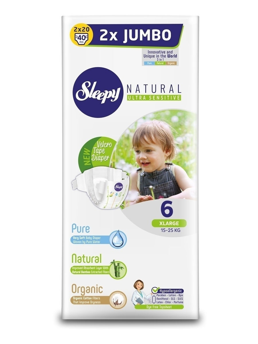 ПОДГУЗНИКИ ДЕТСКИЕ SLEEPY NATURAL №6, XL 15-25 КГ