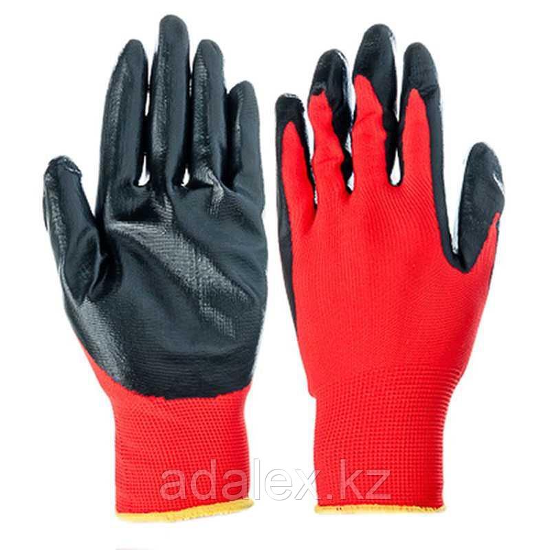 Перчатки рабочие нейлоновые с нитриловым покрытием на ладонях красно черные