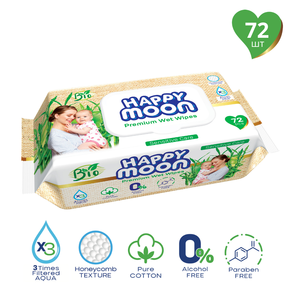 Влажные салфетки Happy Moon Premium Wet Wipes 72 шт
