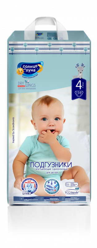 Подгузники детские Солнце и Луна Dry Wings размер 4/L(7-14кг) jambo-pack, 54шт