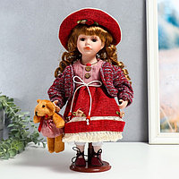 Кукла коллекционная керамика "Элла в бордовом платье, шляпе и с мишкой" 30 см