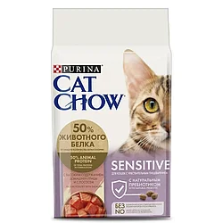 CAT CHOW Sensitive 1,5кг птица и лосось сухой корм для кошек  с чувствительным пищеварением