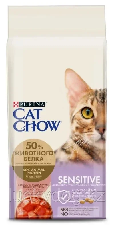 CAT CHOW Sensitive 15кг птица и лосось сухой корм для взрослых кошек с чувствительным пищеварением