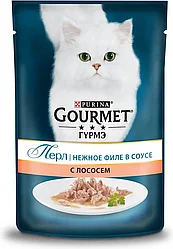 Gourmet Perle с Лососем (пауч), Влажный корм для кошек МИНИ-ФИЛЕ В ПОДЛИВЕ, 85г.