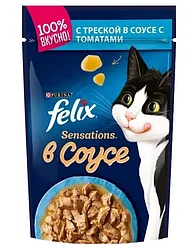 Felix Sensations Треска с томатами в соусе Влажный корм для кошек, пауч, 85 г