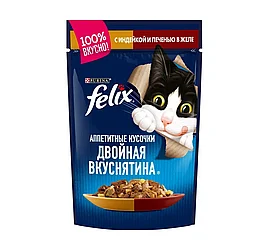 Felix Индейка и Печень Аппетитные кусочки Двойная вкуснятина Феликс Влажный корм для кошек, 85г