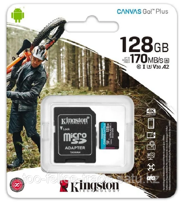 Карта памяти Kingston 128GB microSDXC Canvas Go Plus 170R/90W A2 U3 V30 Card + Adapter, SDCG3/128GB