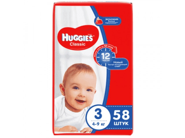 Подгузники Huggies Classic Размер 3 Jumbo упаковка (4-9кг) 58шт