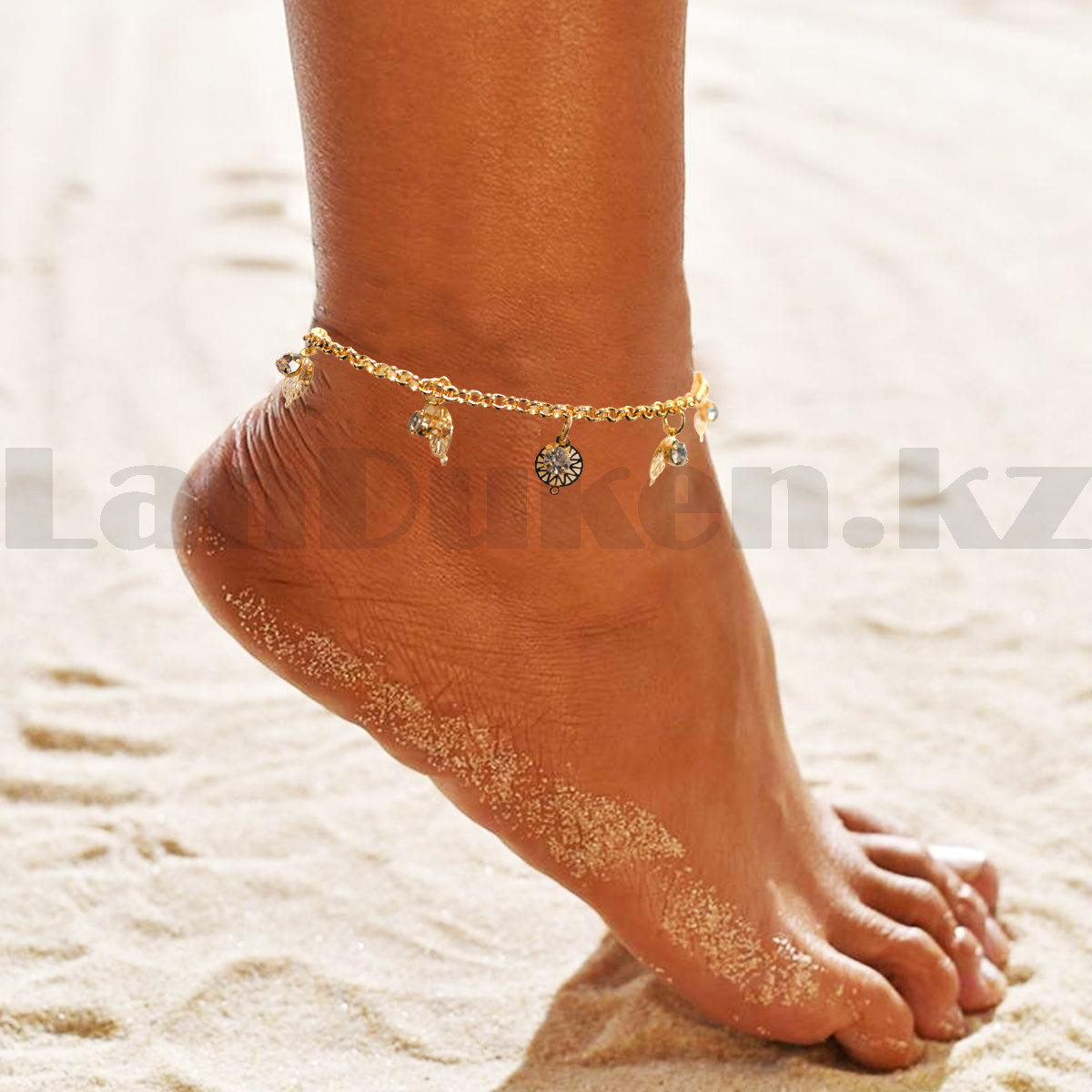 Браслет на ногу с кристаллами и подвесками в виде цветка Anklets золотистый - фото 3 - id-p98879012