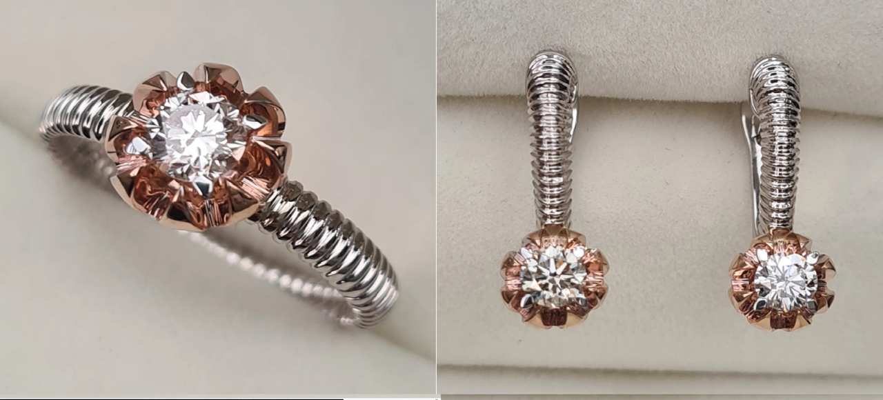 Золотой набор с бриллиантами (кольцо 0.35Ct VVS1/J, серьги 0.70Ct VS1/J)