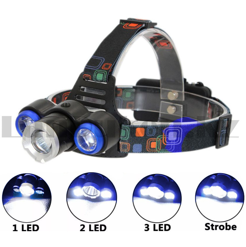 Светодиодный налобный фонарь аккумуляторный 3 LED 3 режима 117 синий - фото 1 - id-p98884474