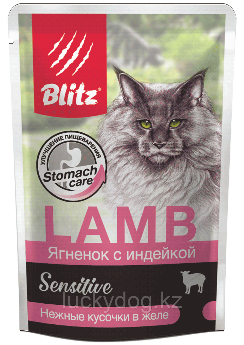 BLITZ Sensitive 85г Ягненок с индейкой влажный корм нежные кусочки в желе для кошек - фото 1 - id-p87763801