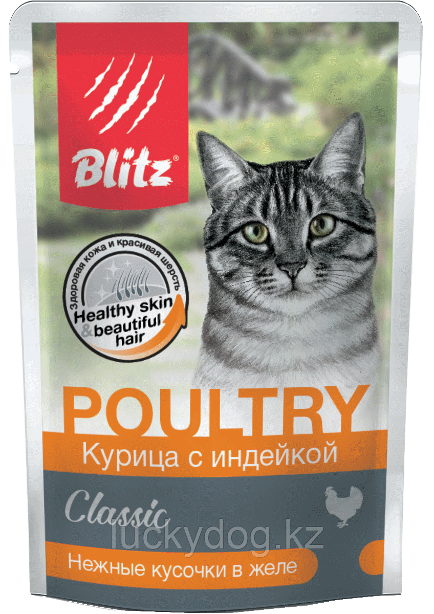 BLITZ Classic 85г Курица с индейкой нежные кусочки в желе влажный корм для кошек - фото 1 - id-p87763845