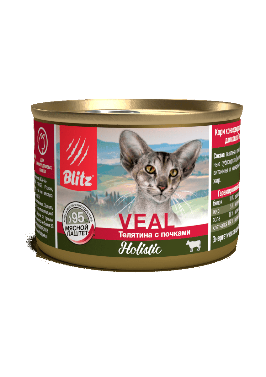 BLITZ 200г Holistic «Телятина с почками» мясной паштет влажный корм для взрослых кошек
