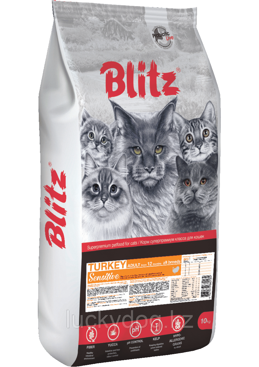 BLITZ Sensitive Индейка, 10кг сухой корм для взрослых кошек ADULT CATS TURKEY