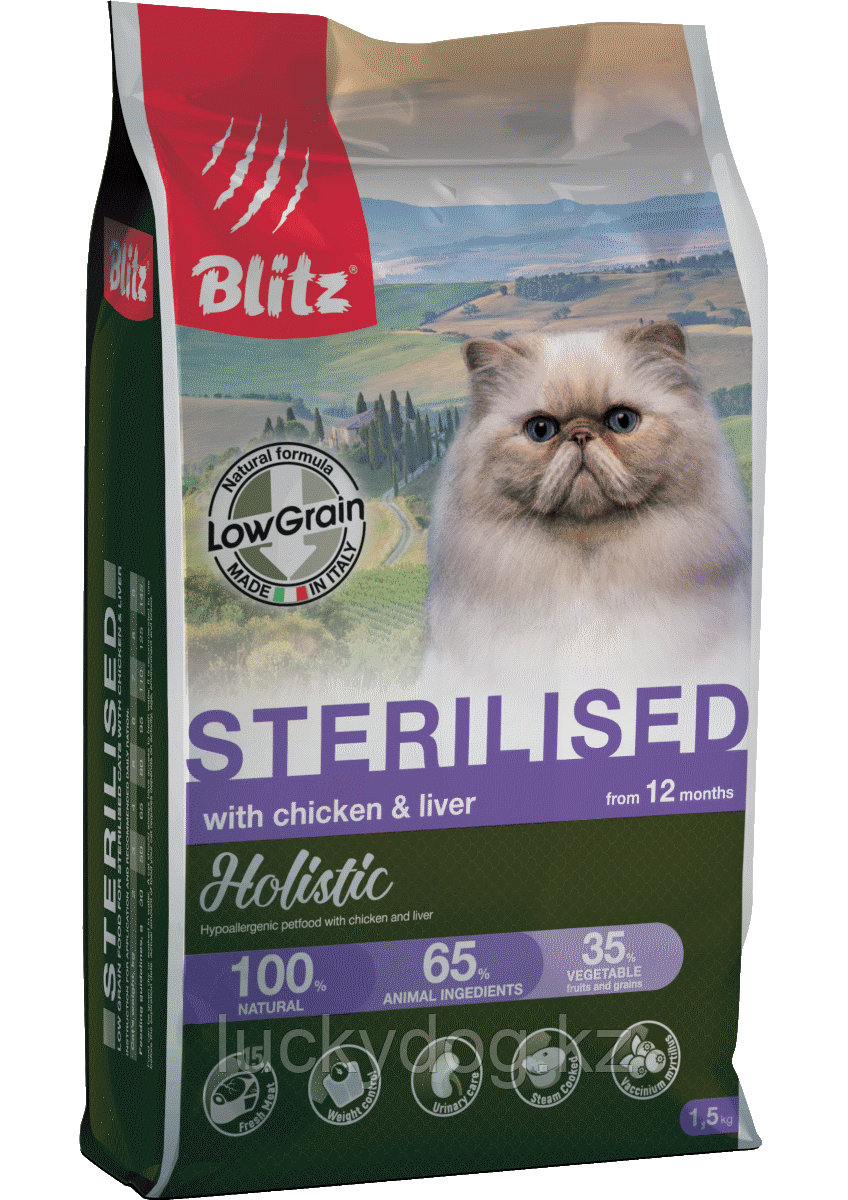 BLITZ Holistic STERILISED КУРИЦА ПЕЧЕНЬ 400г низкозерновой сухой корм для стерилизованных кошек CHICKEN&LIVER