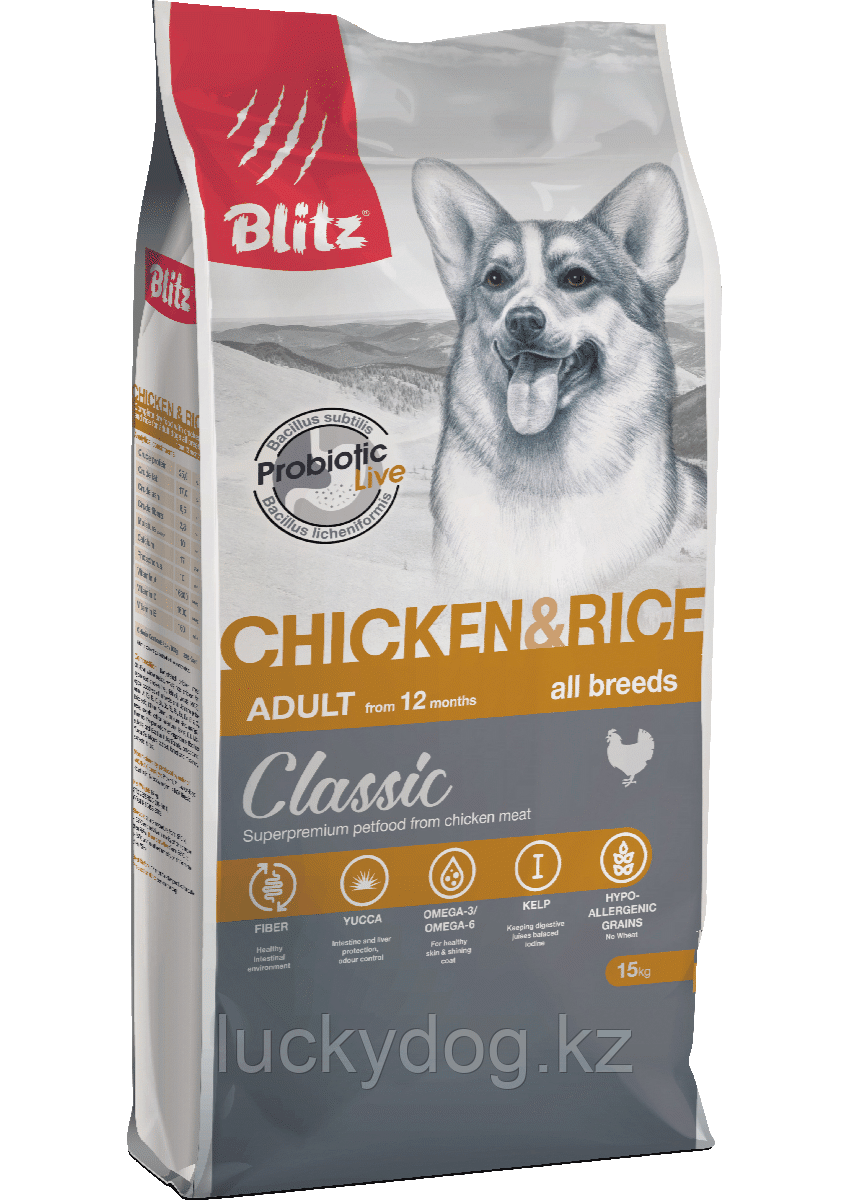 BLITZ Classic (КУРИЦА и РИС) 15кг полнорационный сухой корм для взрослых собак CHICKEN & RICE