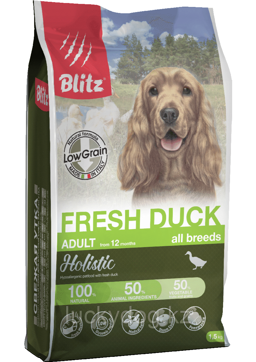 BLITZ Holistic LG 1,5кг Свежая УТКА, низкозерновой корм для взрослых собак всех пород FRESH DUCK