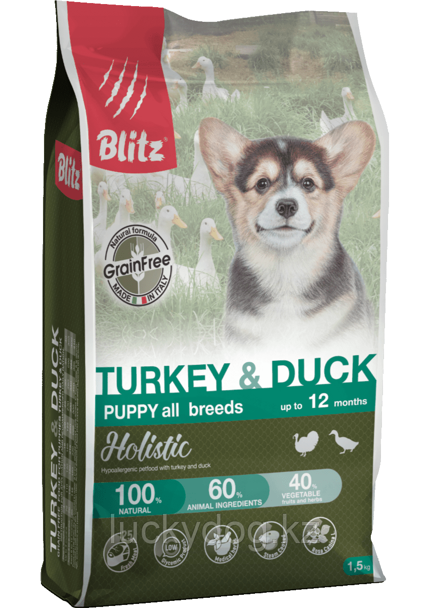 BLITZ Holistic PUPPY GF 12кг ИНДЕЙКА и УТКА беззерновой корм для щенков всех пород TURKEY & DUCK