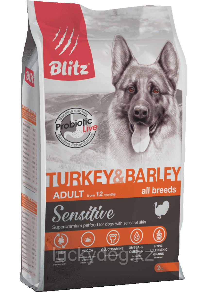 BLITZ Sensitive 2кг Индейка с ячменем полнорационный сухой корм для взрослых собак Turkey&Barley