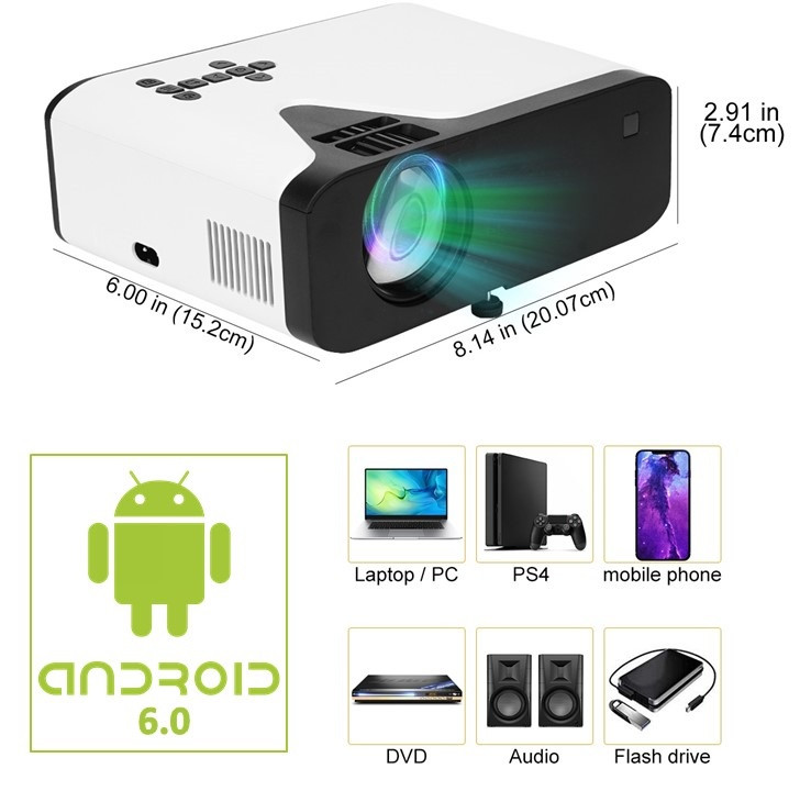Проектор на Android 6.0 с портами HDMI, VGA, USBх2, AV, SD, Audio, модель UB20 Plus - фото 1 - id-p99039436